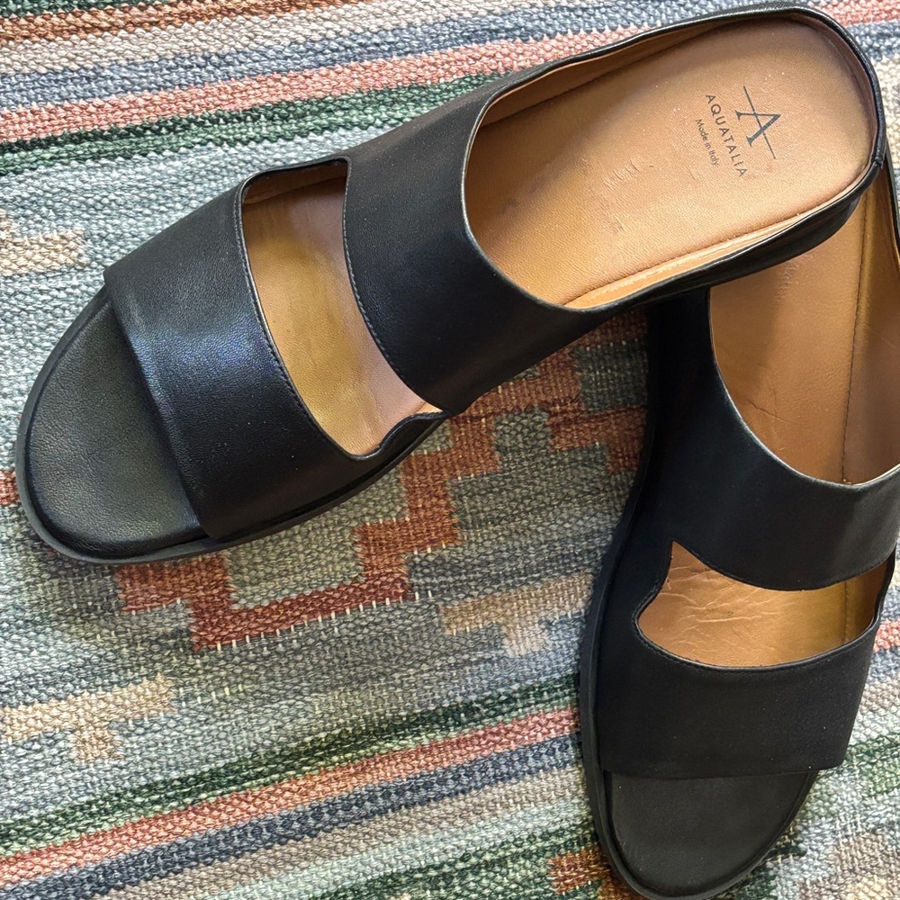Aquatalia Water resistant Black Leather Double-Strap Slide Abbey Sandals